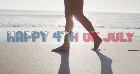 Woman Walking on Beach with Patriotic 4th of July Text Overlay
