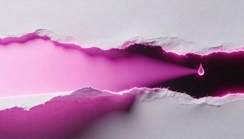 Revealing torn paper with magenta neon glow and glossy droplet, macro abstract background