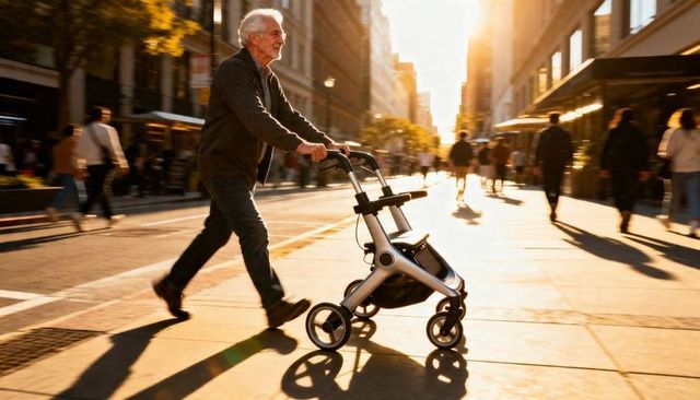 Active senior man pushing modern rollator on urban street at golden hour