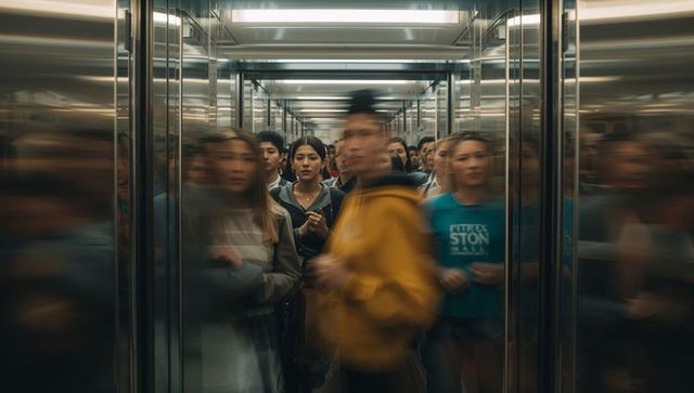 Woman standing calm amid rushing commuters in mirrored steel corridor with motion blur