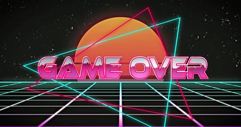 Retro 80s Game Over Screen with Neon Grid