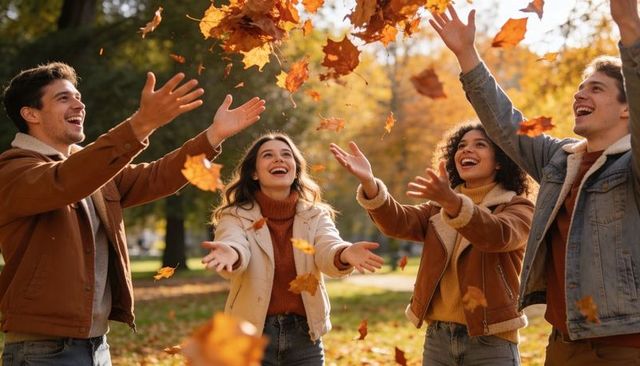 Friends laughing and throwing autumn leaves in sunlit park