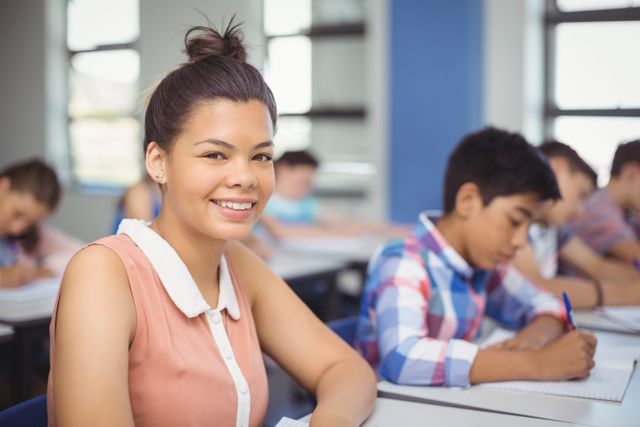 Confident Schoolgirl Smiling in Classroom - Download Free Stock Photos Pikwizard.com