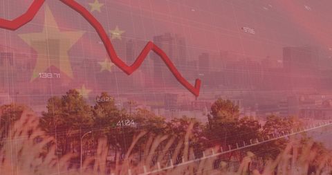 Chinese economy downtrend data with cityscape background