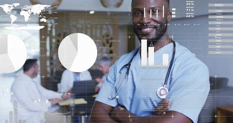 Smiling doctor in scrubs with digital data overlays in medical setting
