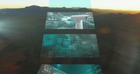 Futuristic technology displays over serene mountain horizon