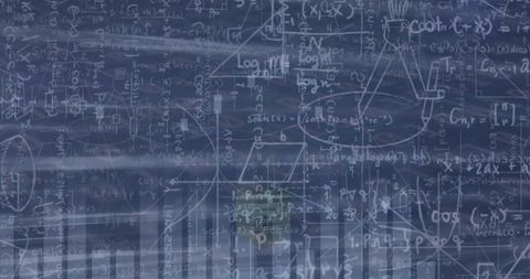 Intricate mathematical equations and data visualization on chalkboard