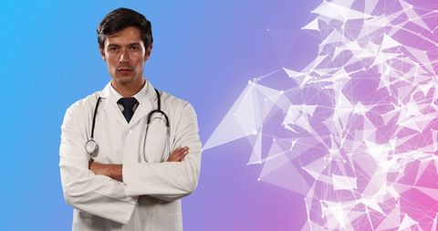 Confident Doctor Standing Amidst Digital Neural Network Design