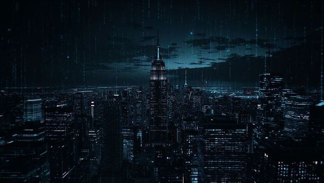 Futuristic city skyline with glowing skyscraper