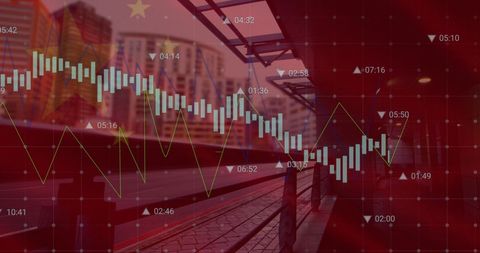 China Flag with Financial Stock Market Data in Urban Cityscape