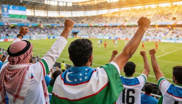 Cheering uzbekistan fans wearing keffiyeh with national flag draped over shoulders