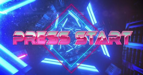 Retro futuristic design with press start text in neon lights