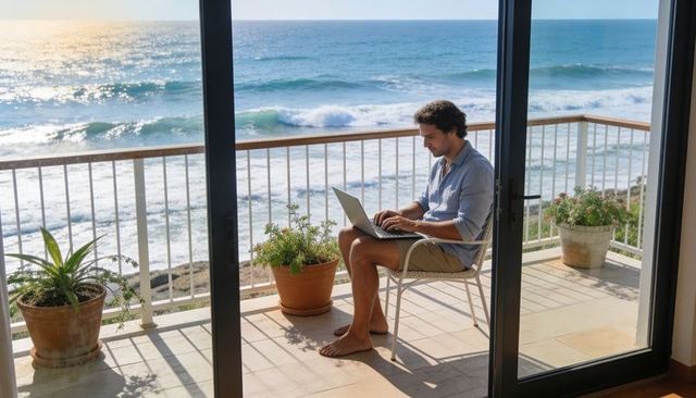 Remote work on oceanfront balcony with man typing laptop while overlooking sunlit waves