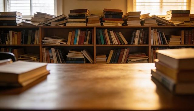 Sunlit vintage library table with stacked books, wooden shelves and warm study ambiance