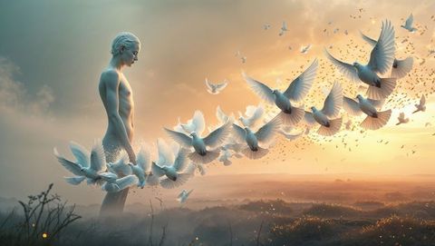 Ethereal man transforming into doves at serene sunrise landscape, forgiveness concept