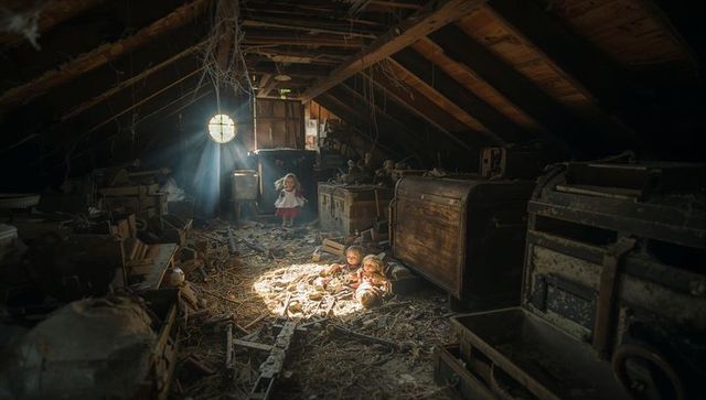 Sunlit attic holding mosaic of vintage dolls and abandoned treasures
