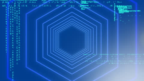 Futuristic Coding Hexagon Interface on Blue Background