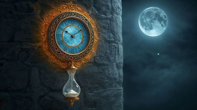 Vintage gilded clock with hourglass below full moon