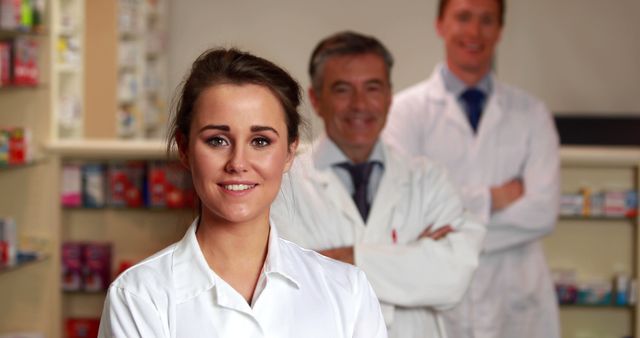 A young Caucasian female pharmacist stands confidently in the foreground, with two middle-aged Caucasian male colleagues smiling in the background, all wearing white lab coats. Their professional demeanor and attire suggest a trustworthy healthcare environment within a pharmacy.