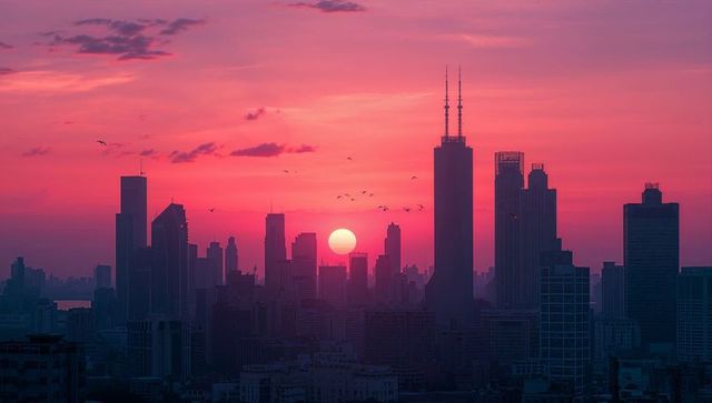 Vibrant cityscape with sunrise over skyscrapers