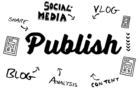 Digital communication icons with publish text on transparent background