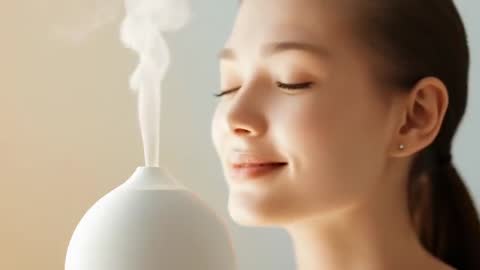 Slow-mo close-up of Asian woman inhaling mist from white diffuser, smiling, aromatherapy clip