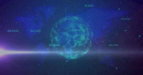 Futuristic polygonal sphere with neon metrics in cosmic setting