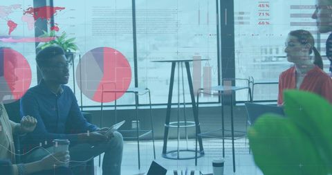 Financial Data Overlay on Team Meeting in Modern Office