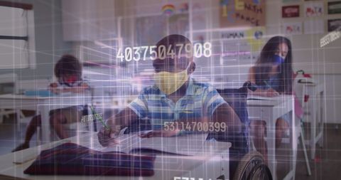 Children wearing masks studying with digital overlay
