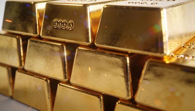 Glistening gold bullion stack with 999.9 purity stamp close-up for luxury investment