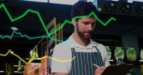 Retail Worker Analyzing Stock with Digital Graph Overlays