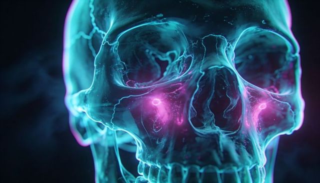 Neon Glass Skull with Magenta Neural Nodes and Luminous Filaments Futuristic Tech Concept