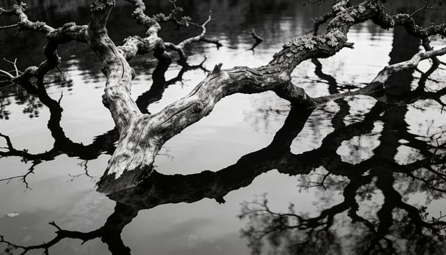Gnarled tree branch spanning calm pond, reflecting twisted silhouettes in black and white