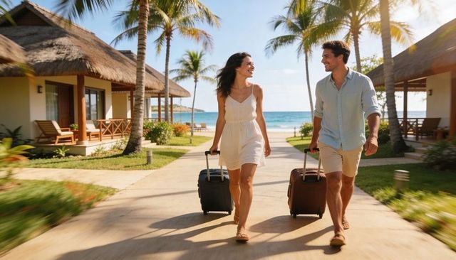 Couple walking with luggage along palm-lined beach resort path, sunlit vacation