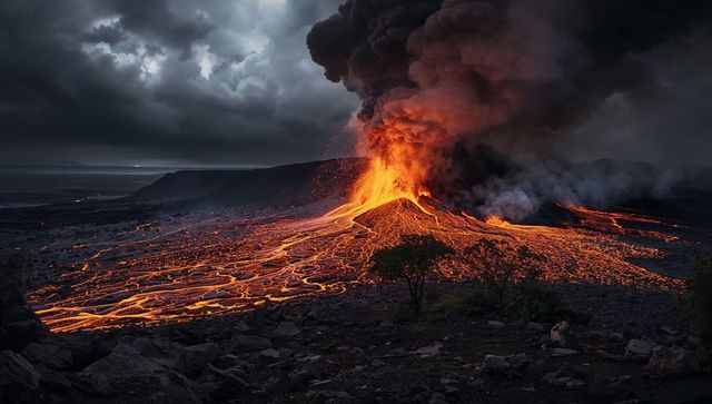 Erupting volcanic cone with glowing lava fountains and braided molten flows under stormy sky