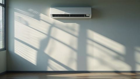 Modern split-system air conditioner illuminated by window blinds