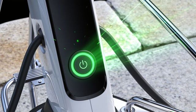 Ev charging unit closeup with glowing green power button and plugged black cable