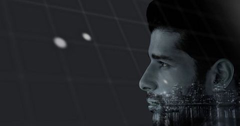 Male profile with double-exposure skyline reflection and slider overlay, tech future concept