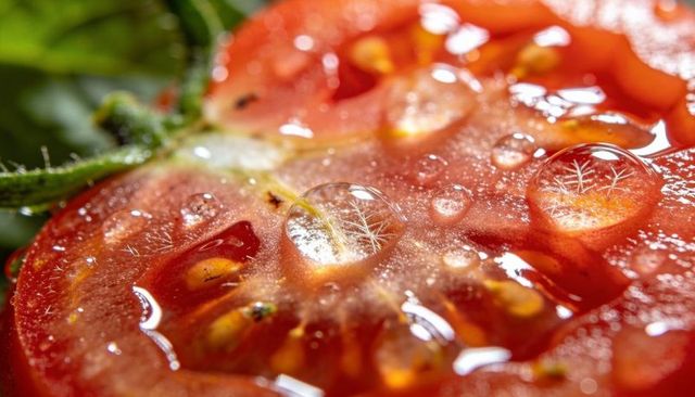 Macro close-up of halved ripe tomato reflecting water droplets on glossy translucent pulp