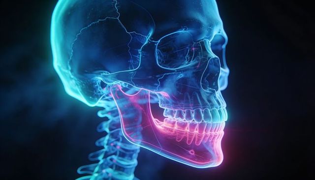Glowing Neon Skull and Cervical Spine Showing Mandible and Teeth in Medical Rendering Study