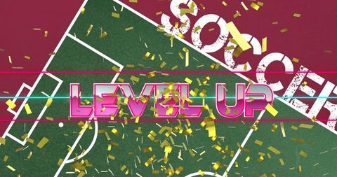 Soccer celebration with 'level up' text and gold confetti