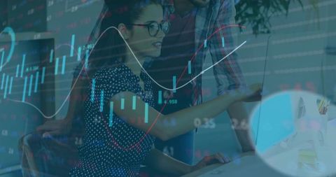 Professionals Collaborating on Financial Data Analysis in High-Tech Office