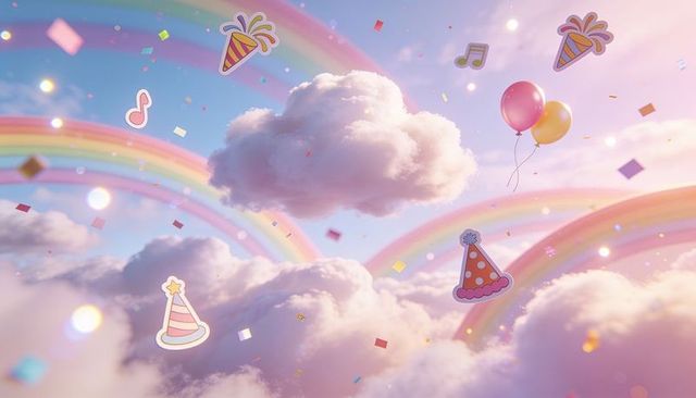 Drifting pastel cloud over double rainbow with floating balloons, confetti and bokeh