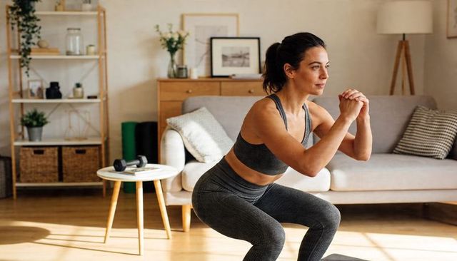 Woman exercising at home doing squats in charcoal activewear in cozy living room