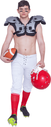 American football player holding ball equipping gear on transparent background