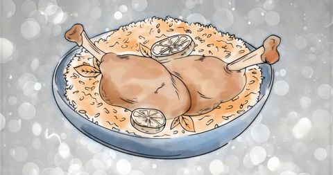 Blue Bowl with Rice and Lemon-Topped Chicken Drumsticks Illustration Gourmet Menu Design