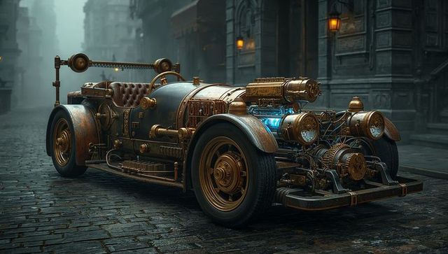 Steampunk Car on Misty Cobblestone Street at Night