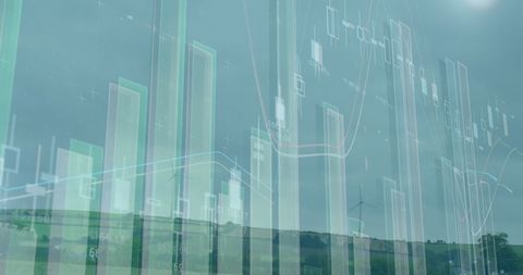financial graphs overlaying wind turbine and landscape hull - Download Free Stock Images Pikwizard.com