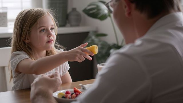 Little girl offering fruit wedge to parent during cozy family breakfast at kitchen table
