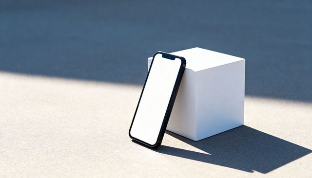 Minimalist smartphone leaning on white cube with blank screen and geometric shadows